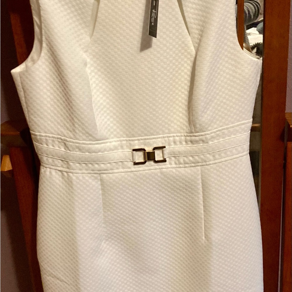 NWT sleeveless white dress with gold belt detail